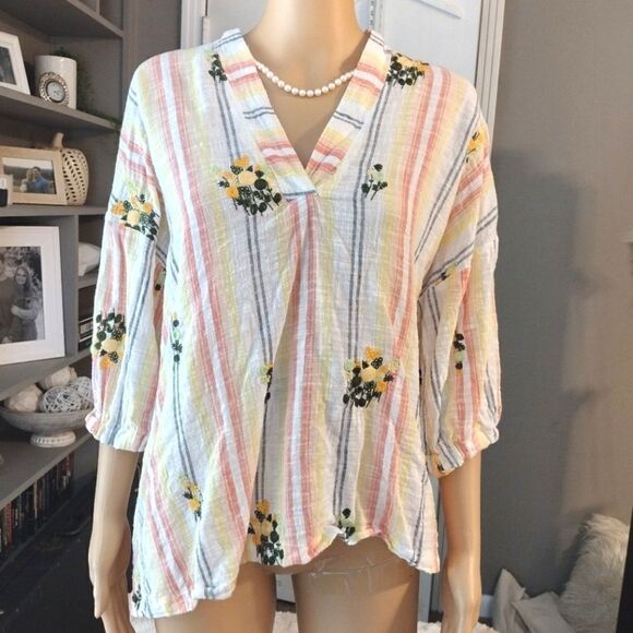 Ivy Jane Women's Size S/M Colorful Striped Floral Boho 100% Cotton Blouse Top - Picture 13 of 13
